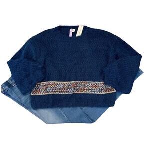 NWT Francesca's Ayla Blue Blue w/Colorful Border Crewneck Sweater